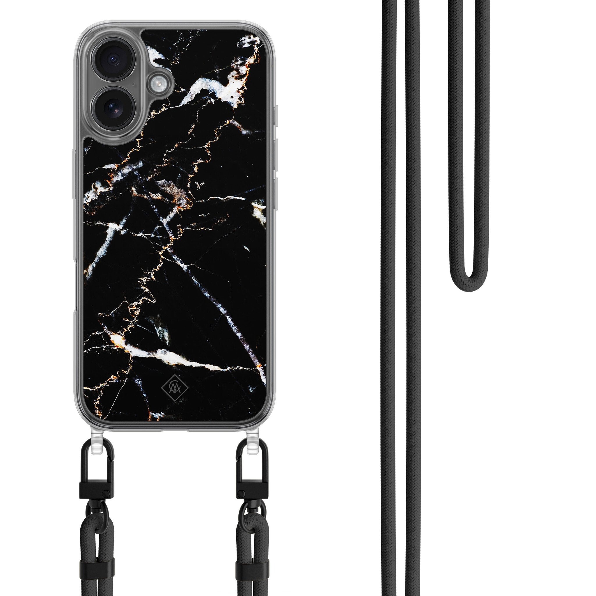 iPhone 16 hoesje met zwart koord - Marmer zwart