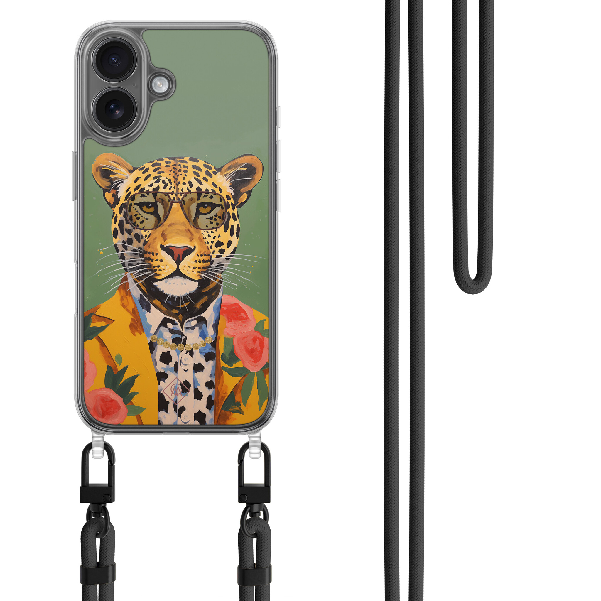 iPhone 16 hoesje met zwart koord - Luipaard hipster