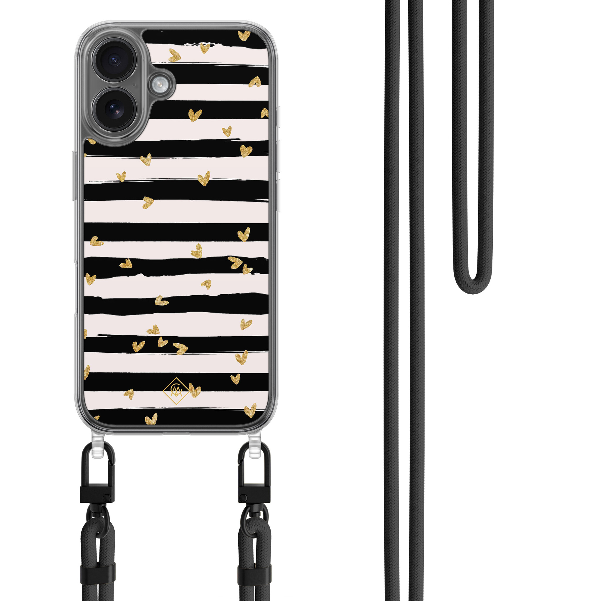 iPhone 16 hoesje met zwart koord - Hart streepjes