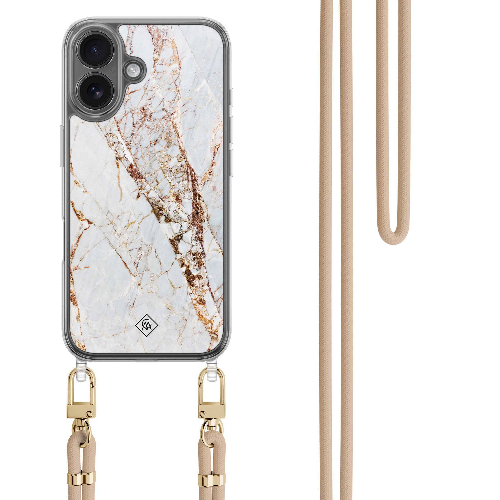 iPhone 16 hoesje met beige koord - Marmer goud