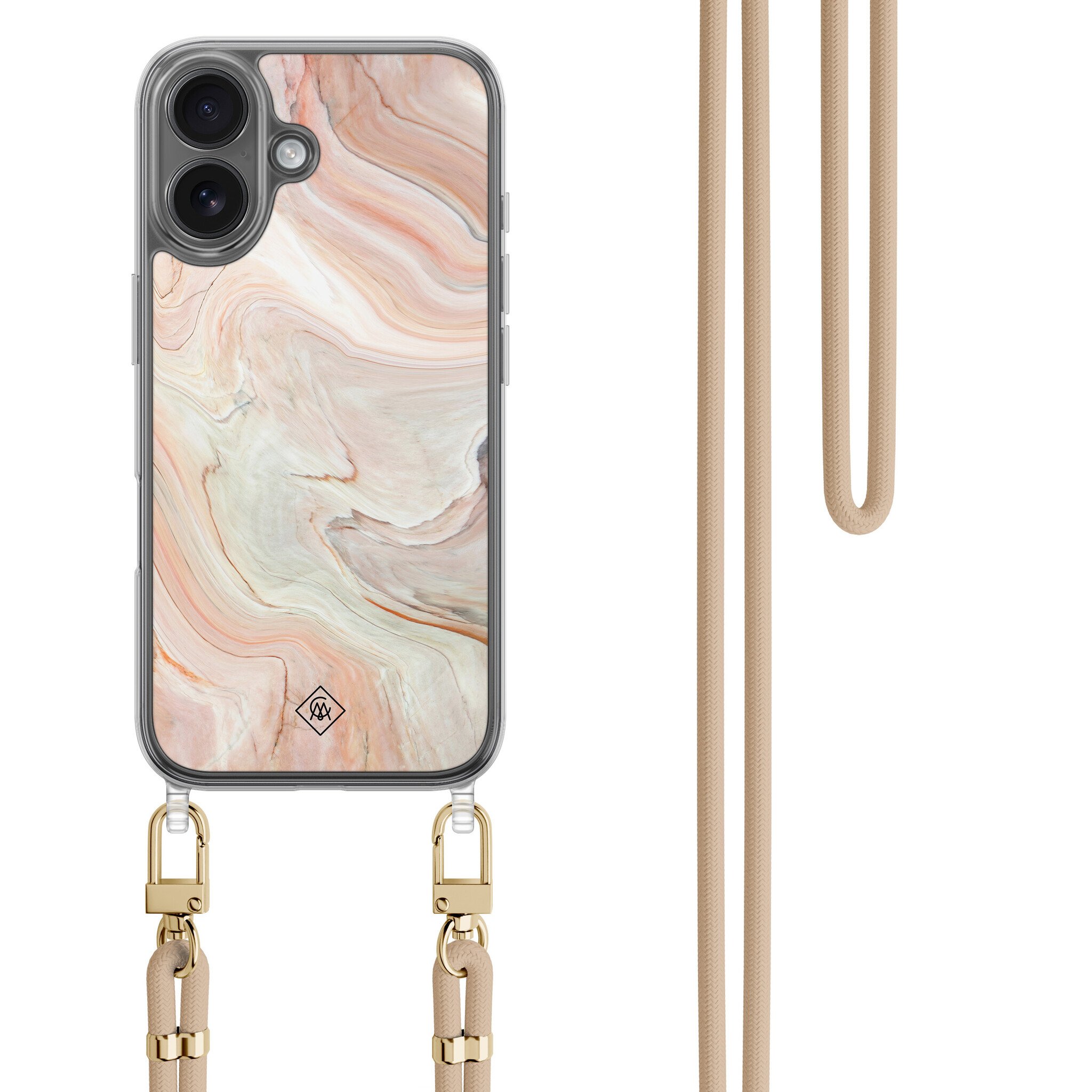 iPhone 16 hoesje met beige koord - Marmer waves