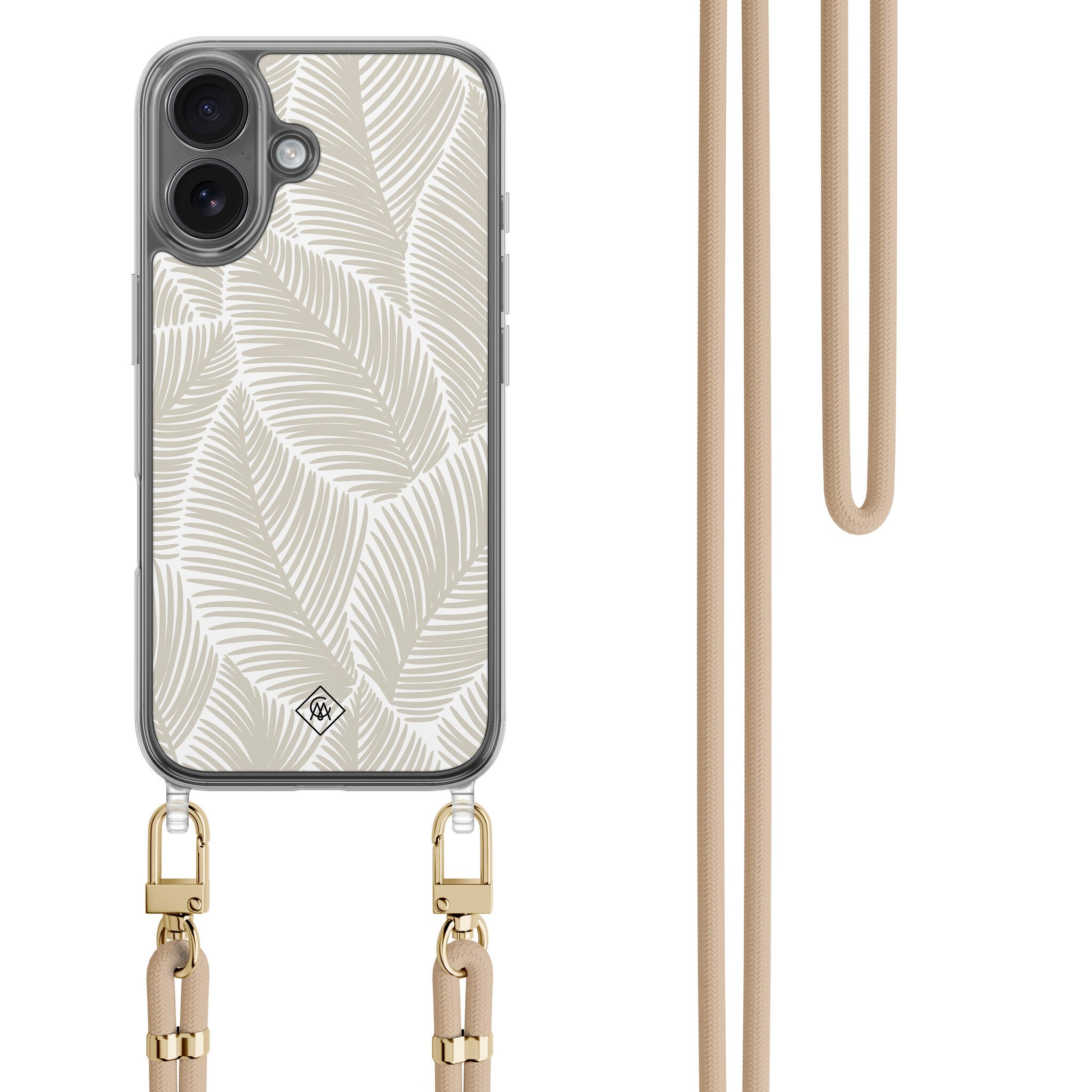 iPhone 16 hoesje met beige koord - Palm leaves beige