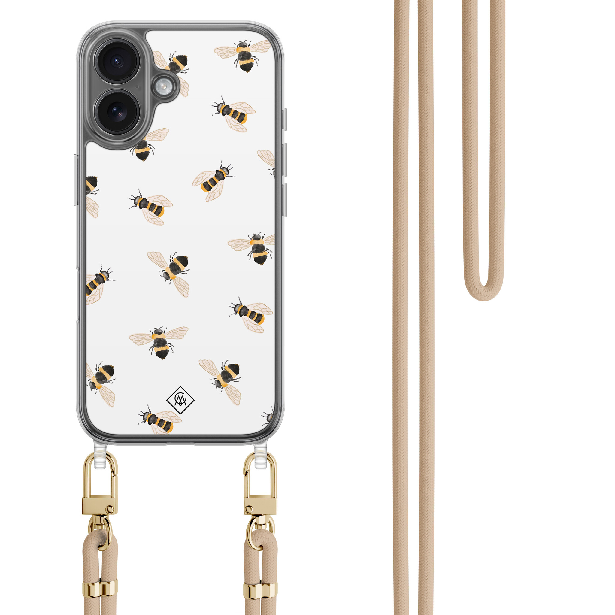 iPhone 16 hoesje met beige koord - Bee happy