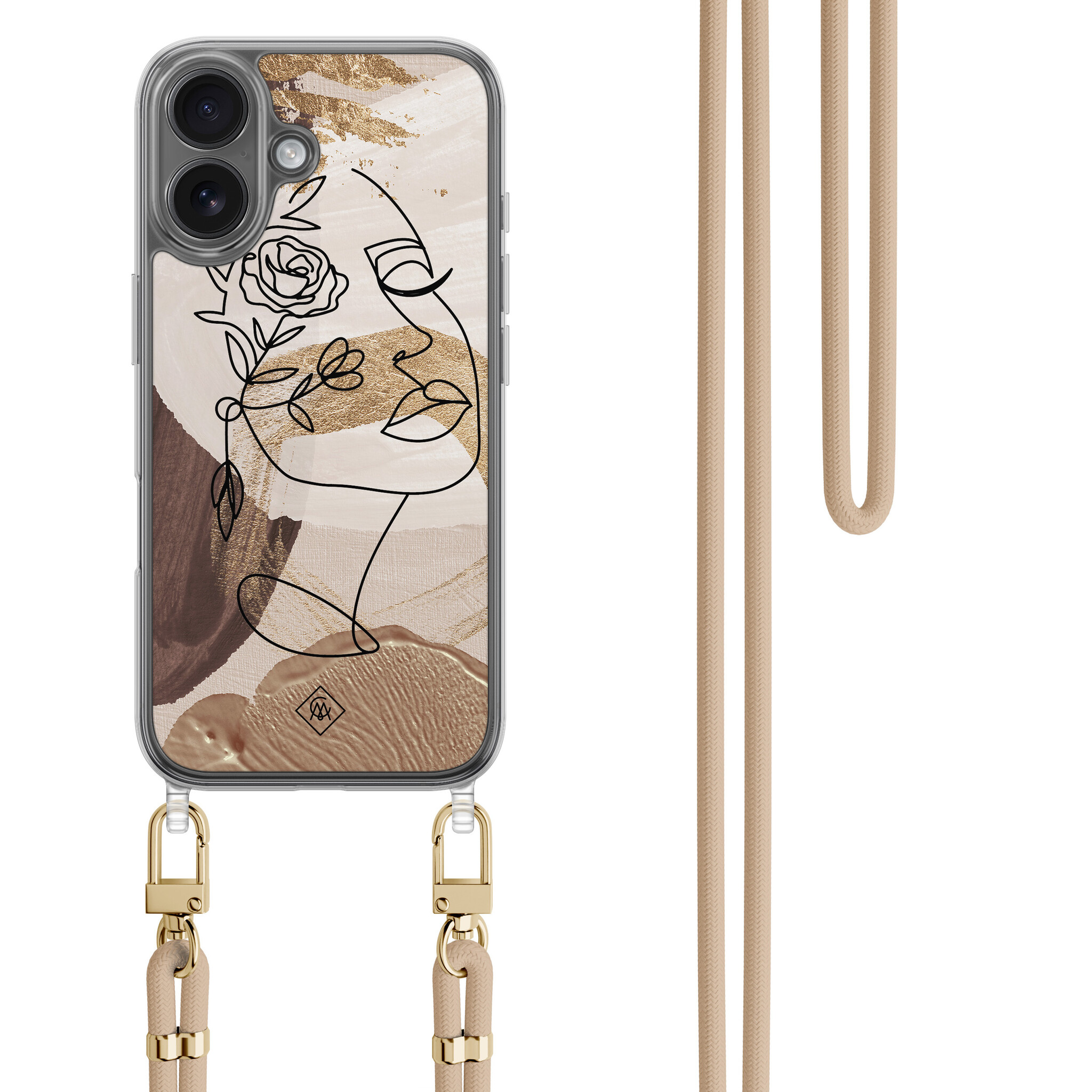iPhone 16 hoesje met beige koord - Abstract gezicht bruin