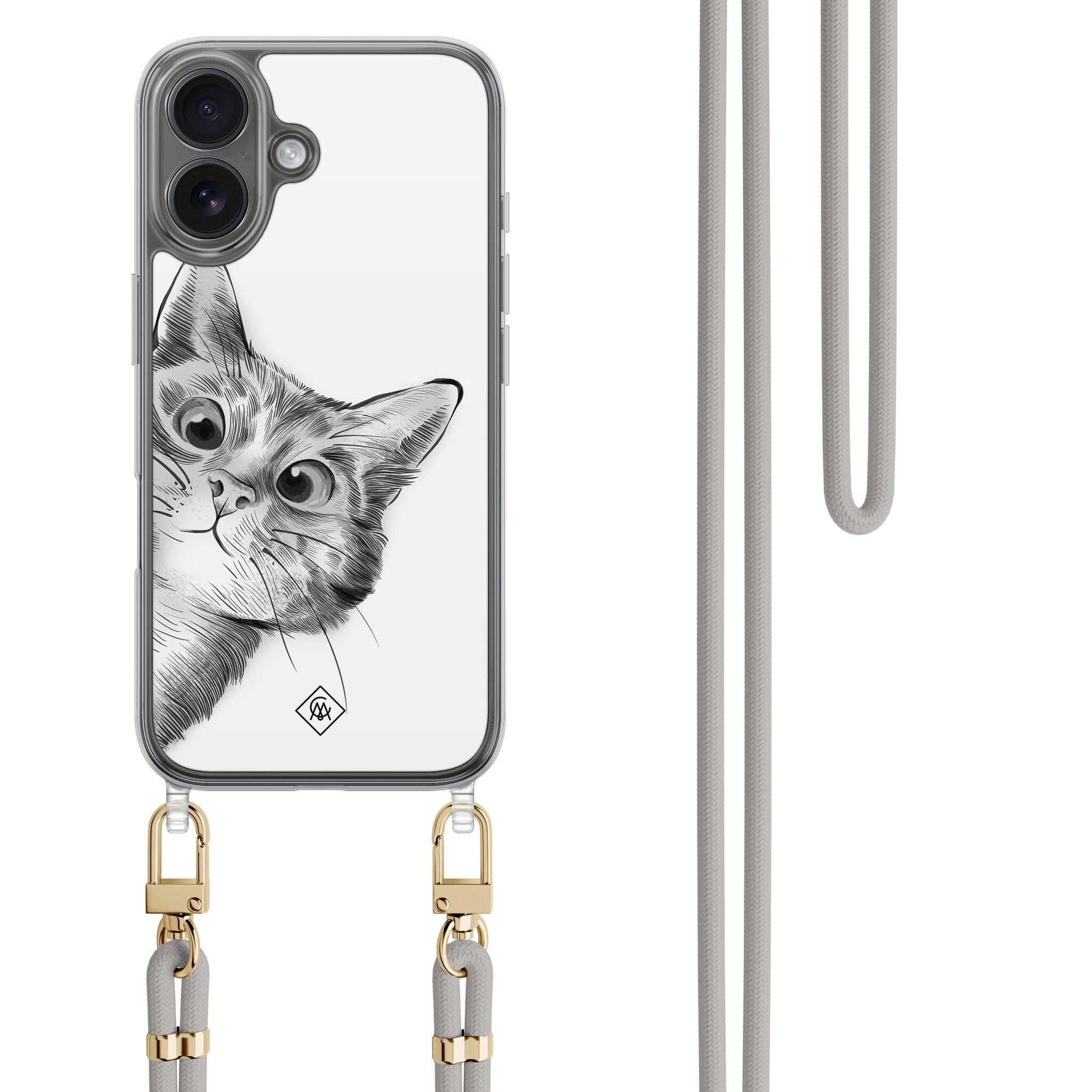 iPhone 16 hoesje met grijs koord - Peekaboo kat