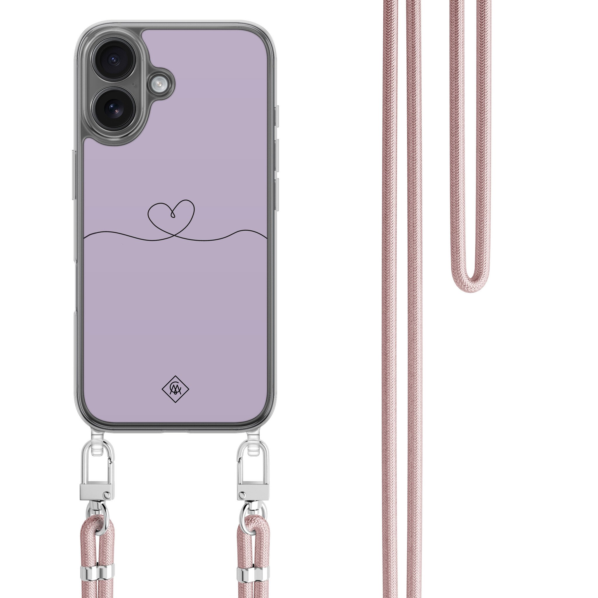 iPhone 16 hoesje met rosegoud koord - Hart lila