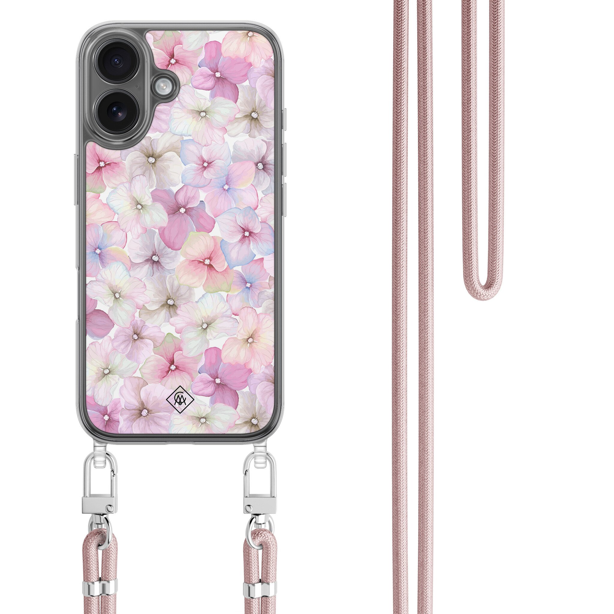 iPhone 16 hoesje met rosegoud koord - Hortensia