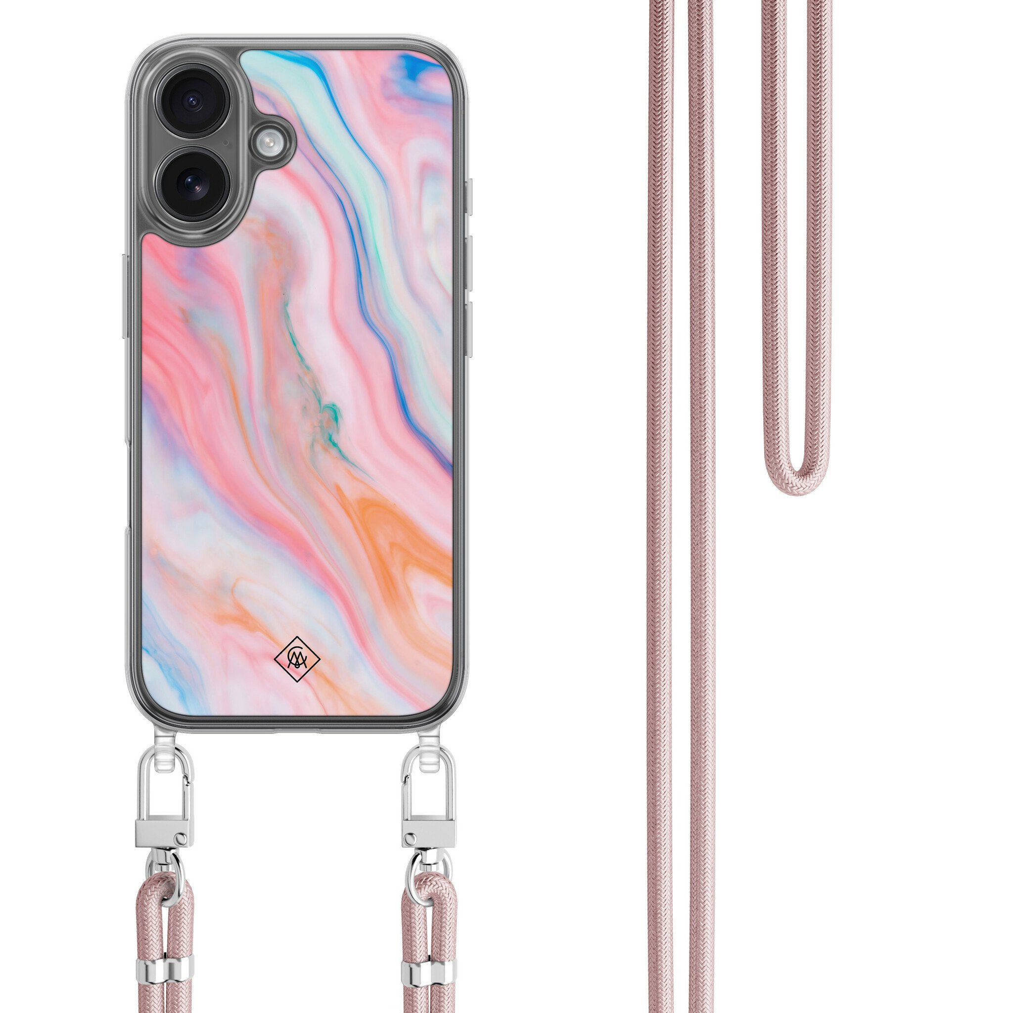 iPhone 16 hoesje met rosegoud koord - Pink glam