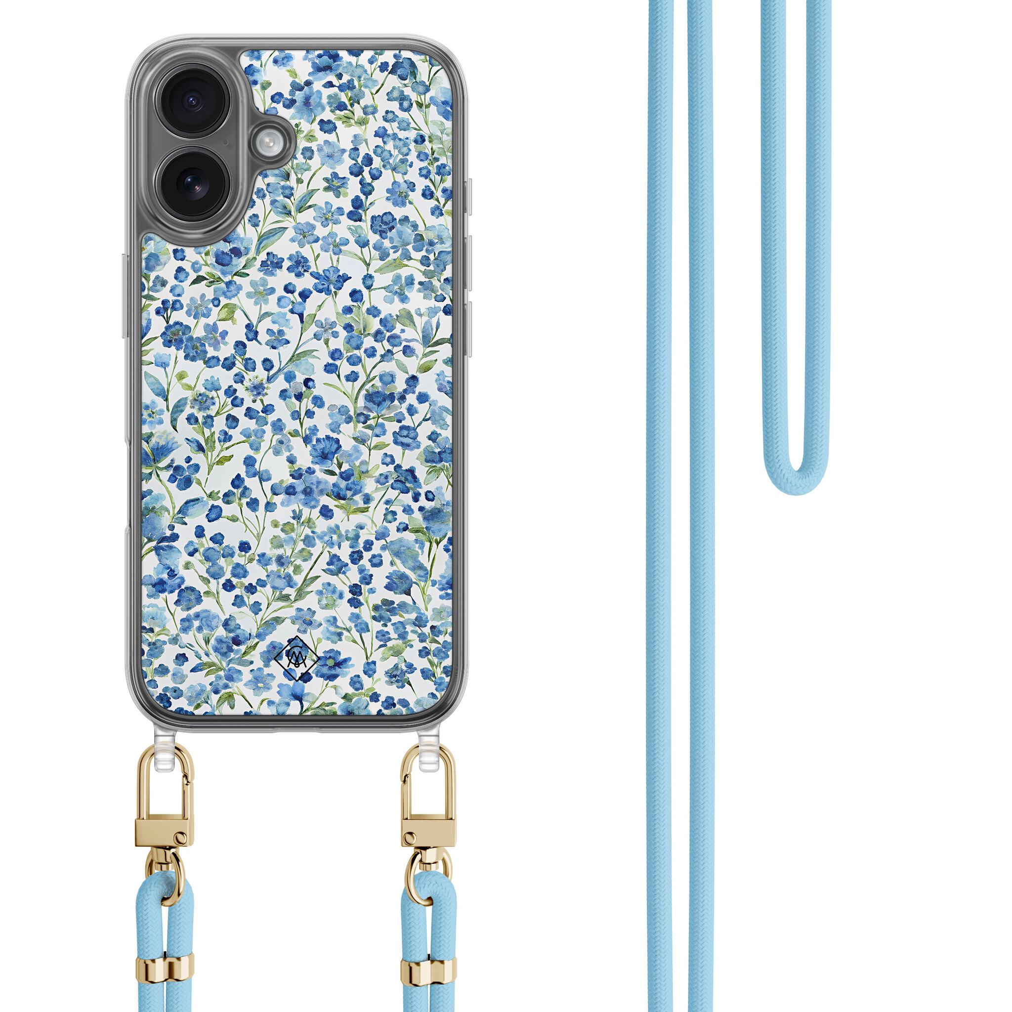 iPhone 16 hoesje met blauw koord - Vintage blue floral