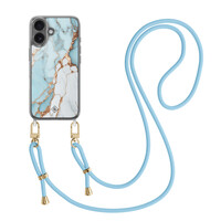 Casimoda iPhone 16 hoesje met blauw koord - Marmer lichtblauw