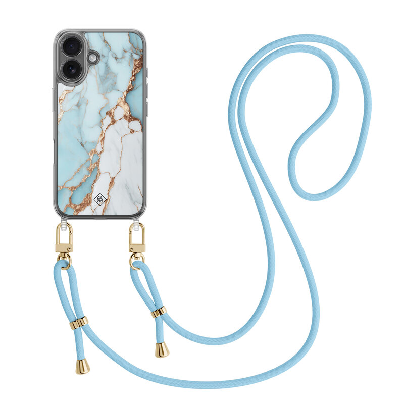 Casimoda iPhone 16 hoesje met blauw koord - Marmer lichtblauw