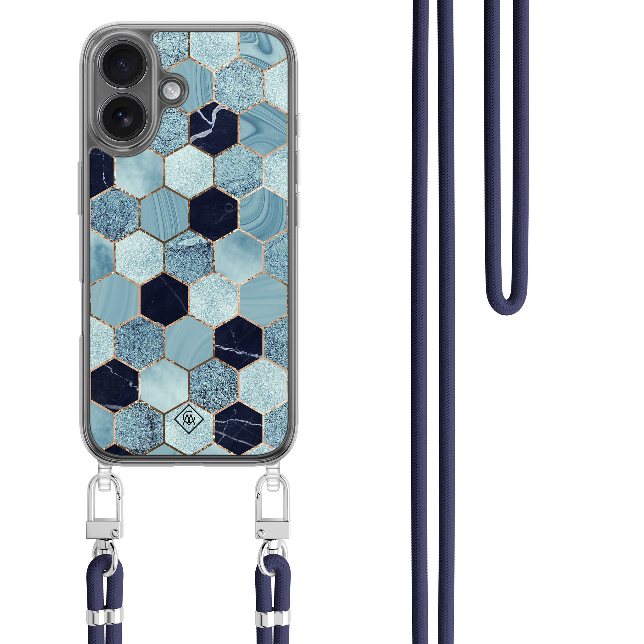 iPhone 16 hoesje met donkerblauw koord Blue cubes