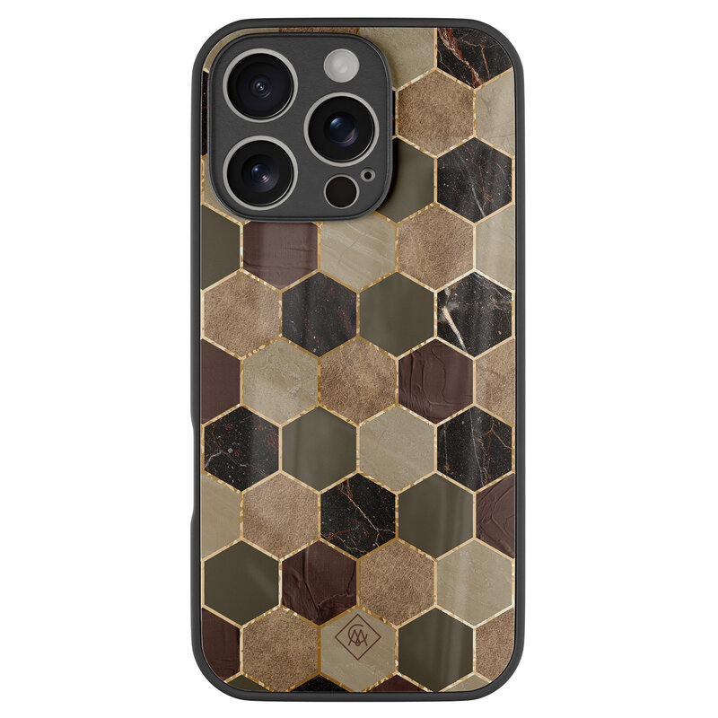 Casimoda iPhone 16 Pro glazen hardcase - Kubus bruin groen