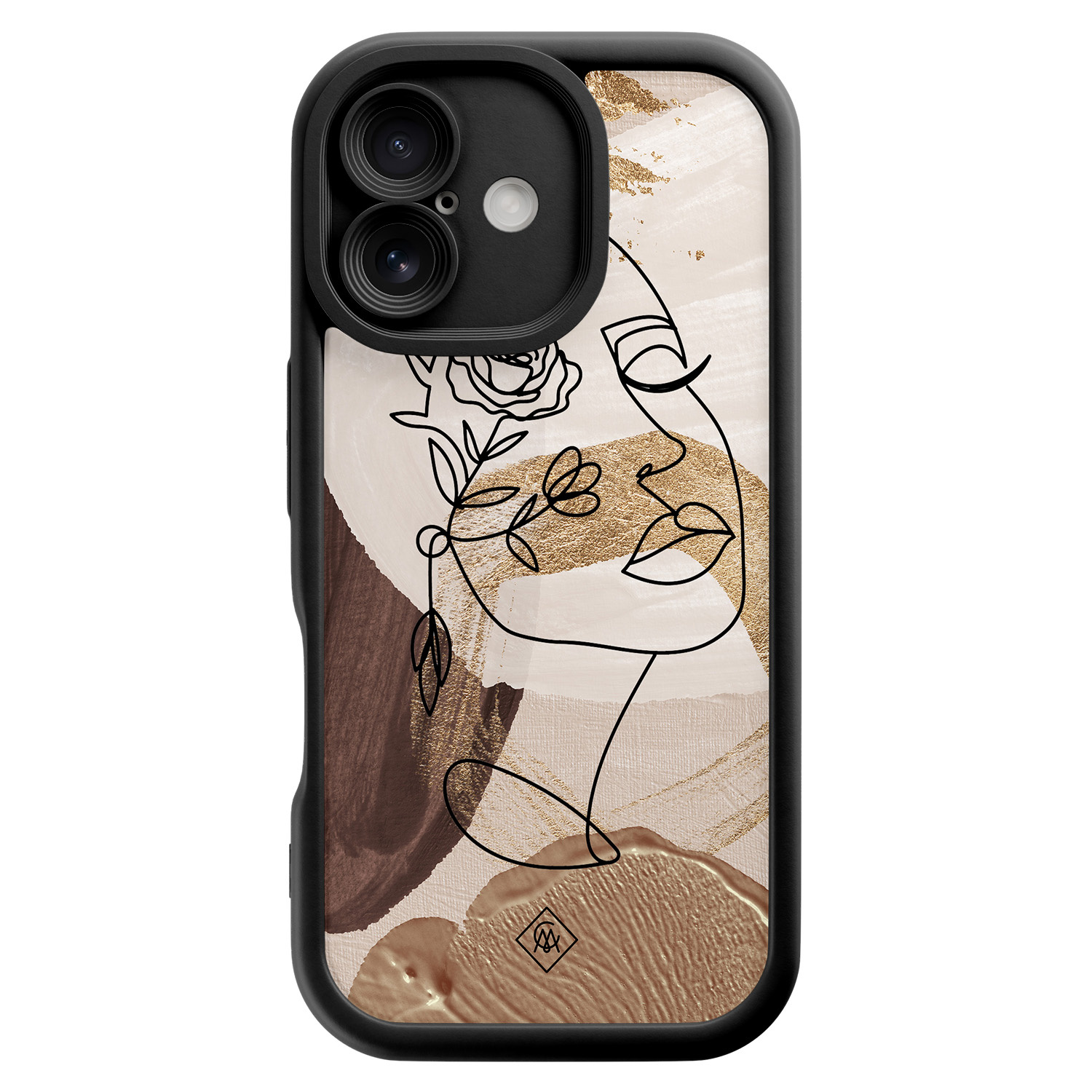 iPhone 16 zwarte case - Abstract gezicht bruin