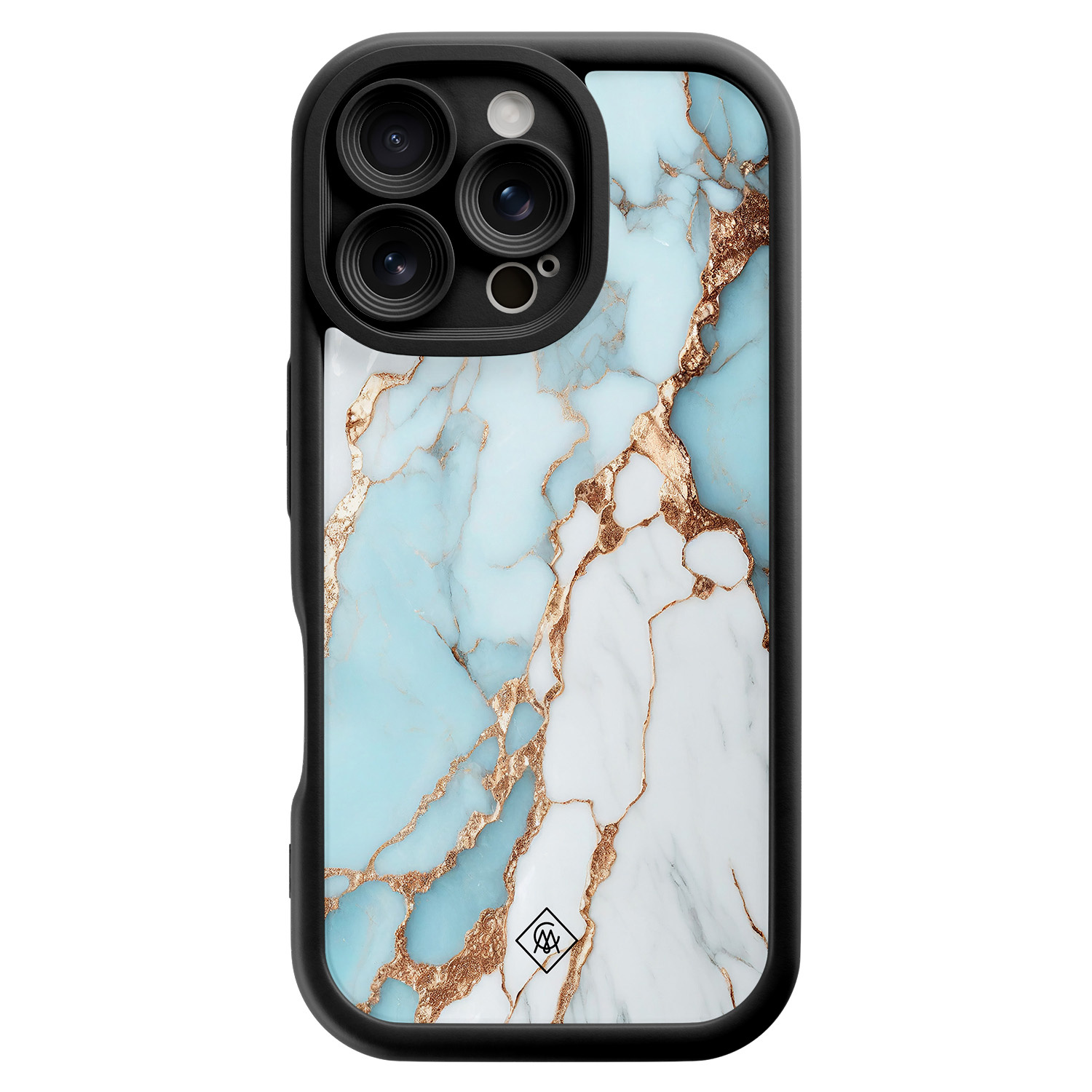 iPhone 16 Pro zwarte case Marmer lichtblauw