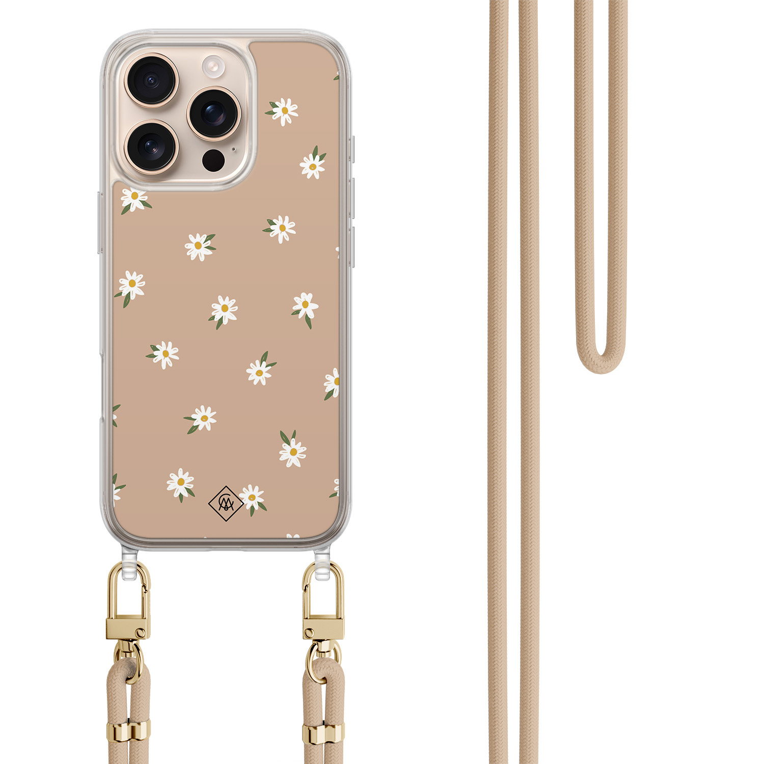 iPhone 16 Pro hoesje met beige koord Sweet daisies