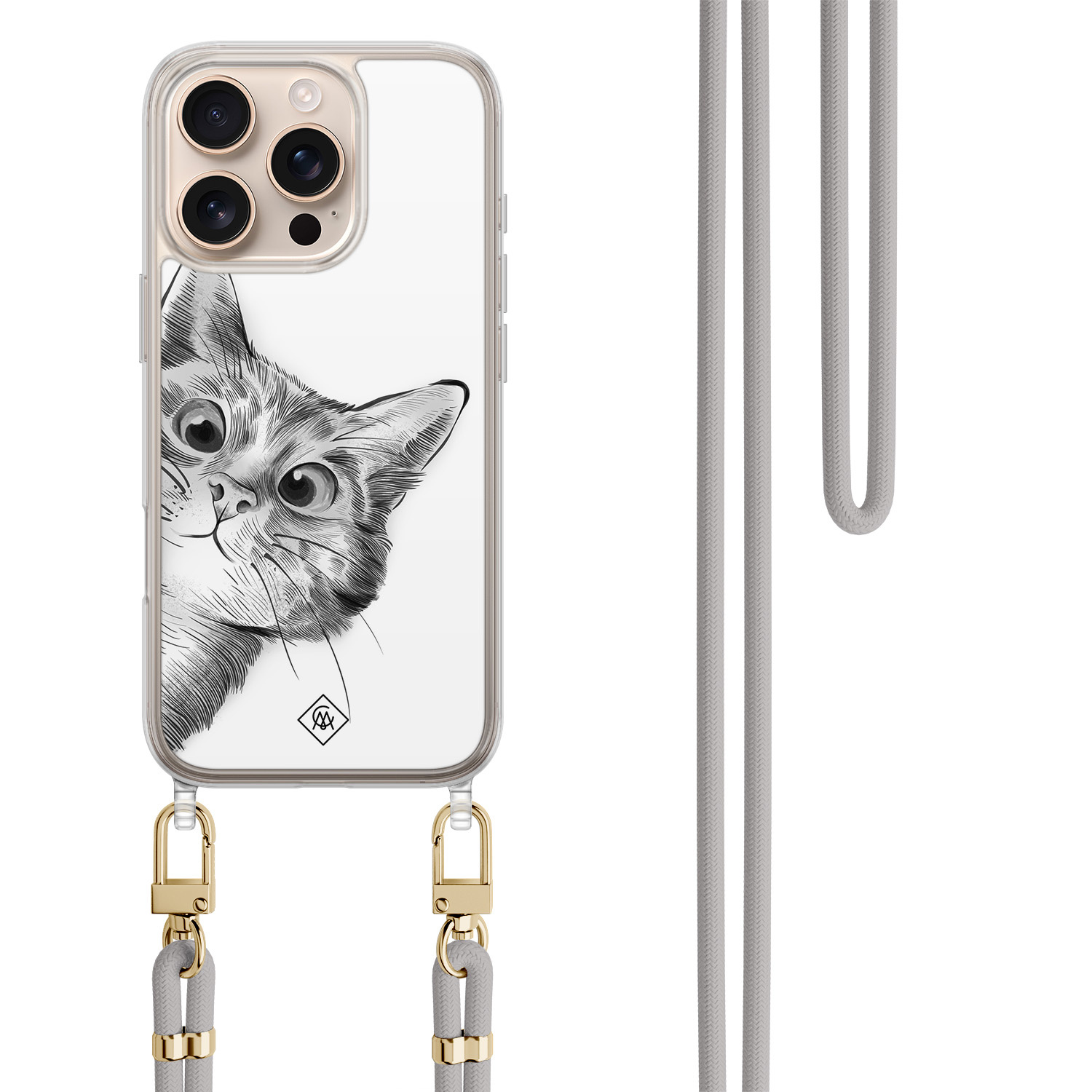 iPhone 16 Pro hoesje met grijs koord - Peekaboo kat