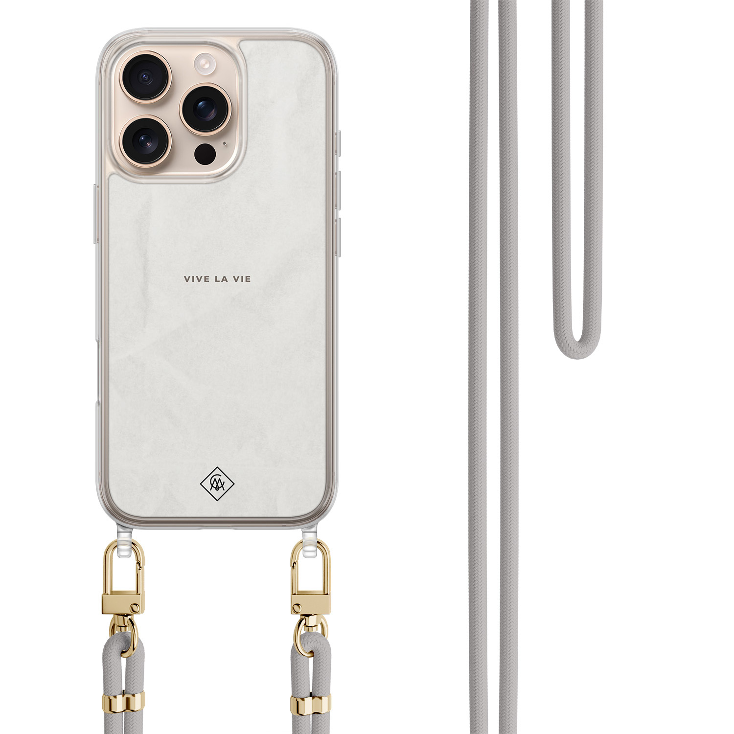 iPhone 16 Pro hoesje met grijs koord - Vive la vie