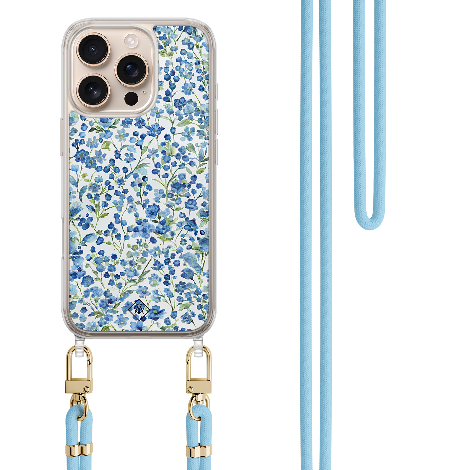iPhone 16 Pro hoesje met blauw koord Vintage blue floral