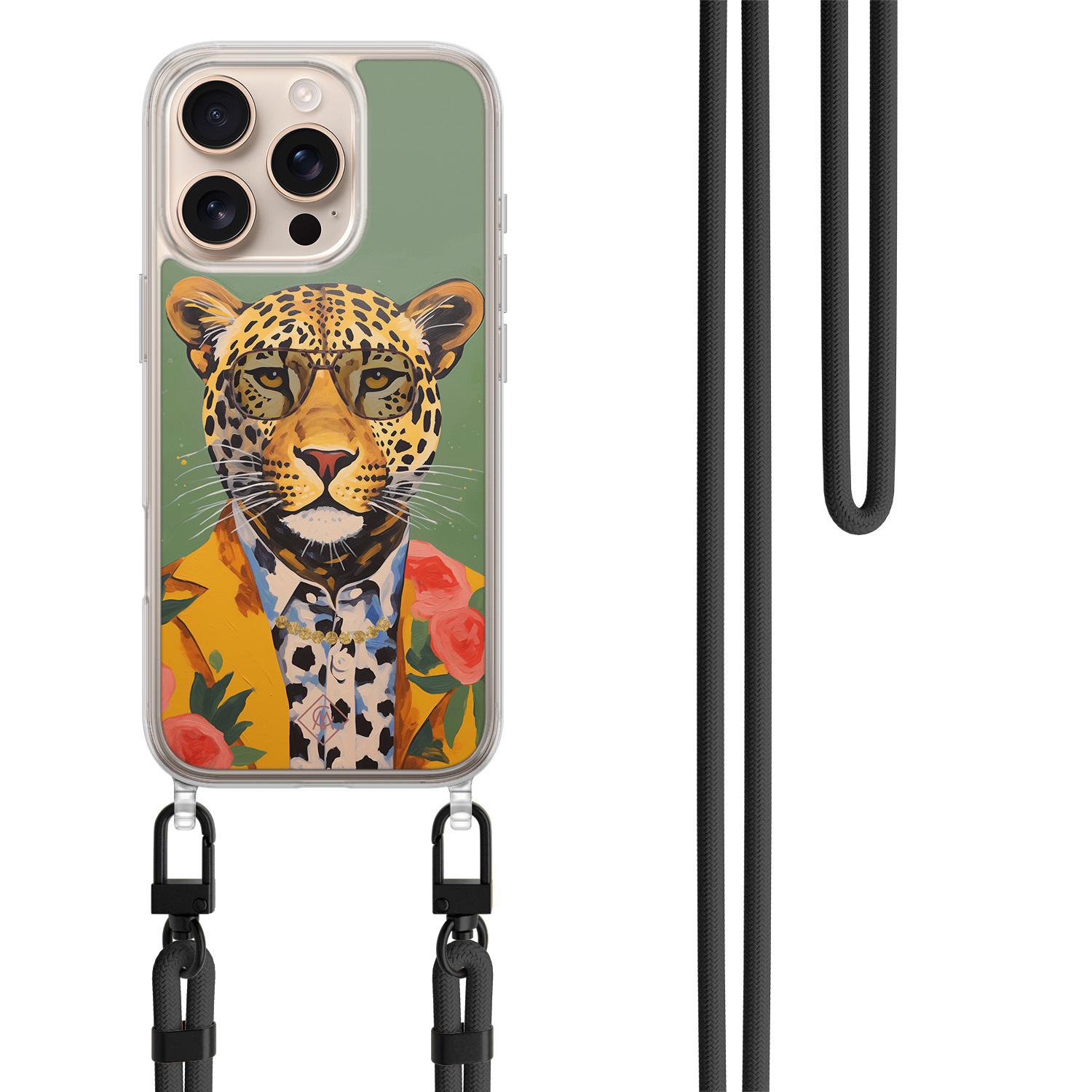 iPhone 16 Pro hoesje met zwart koord - Luipaard hipster