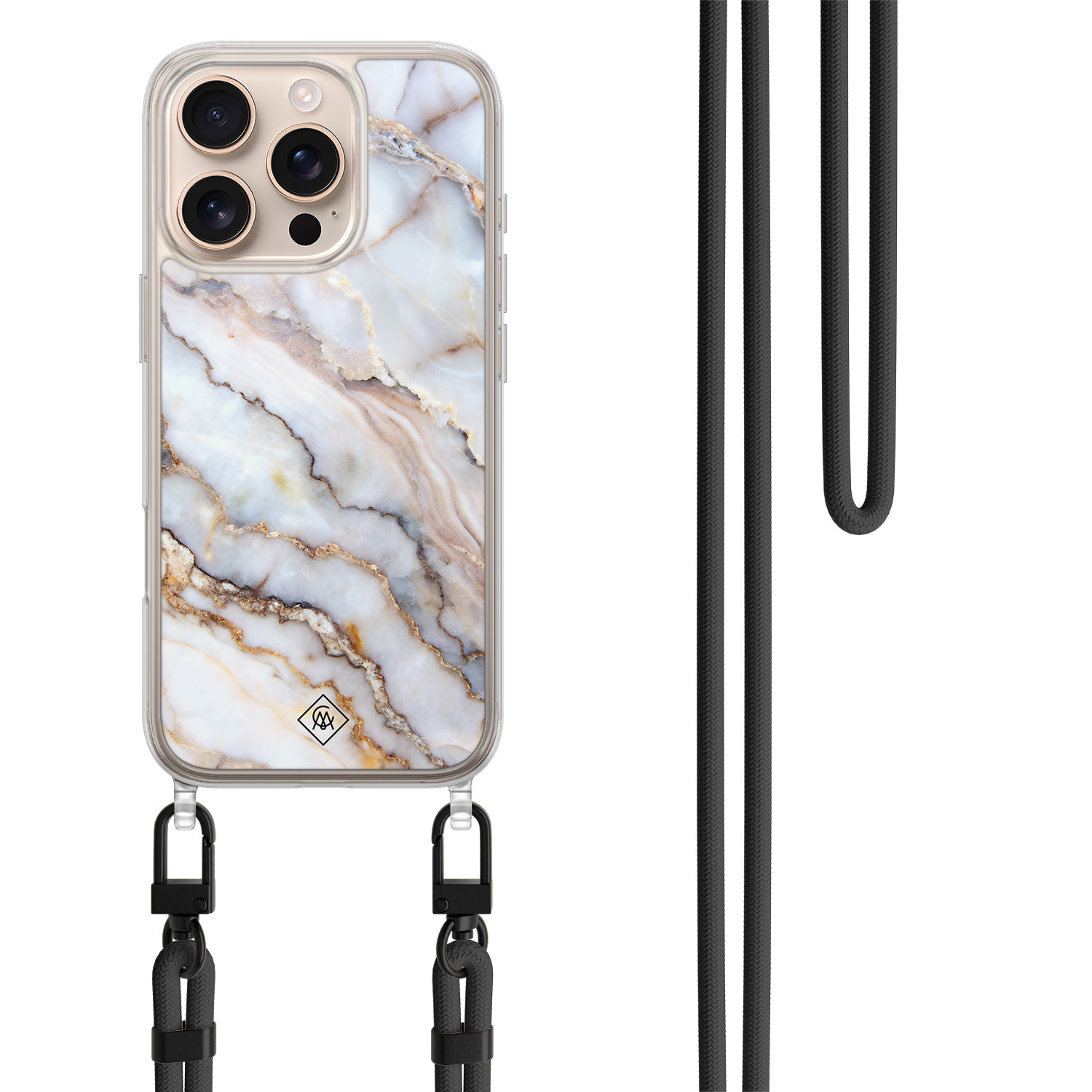 iPhone 16 Pro hoesje met zwart koord - Marble dream