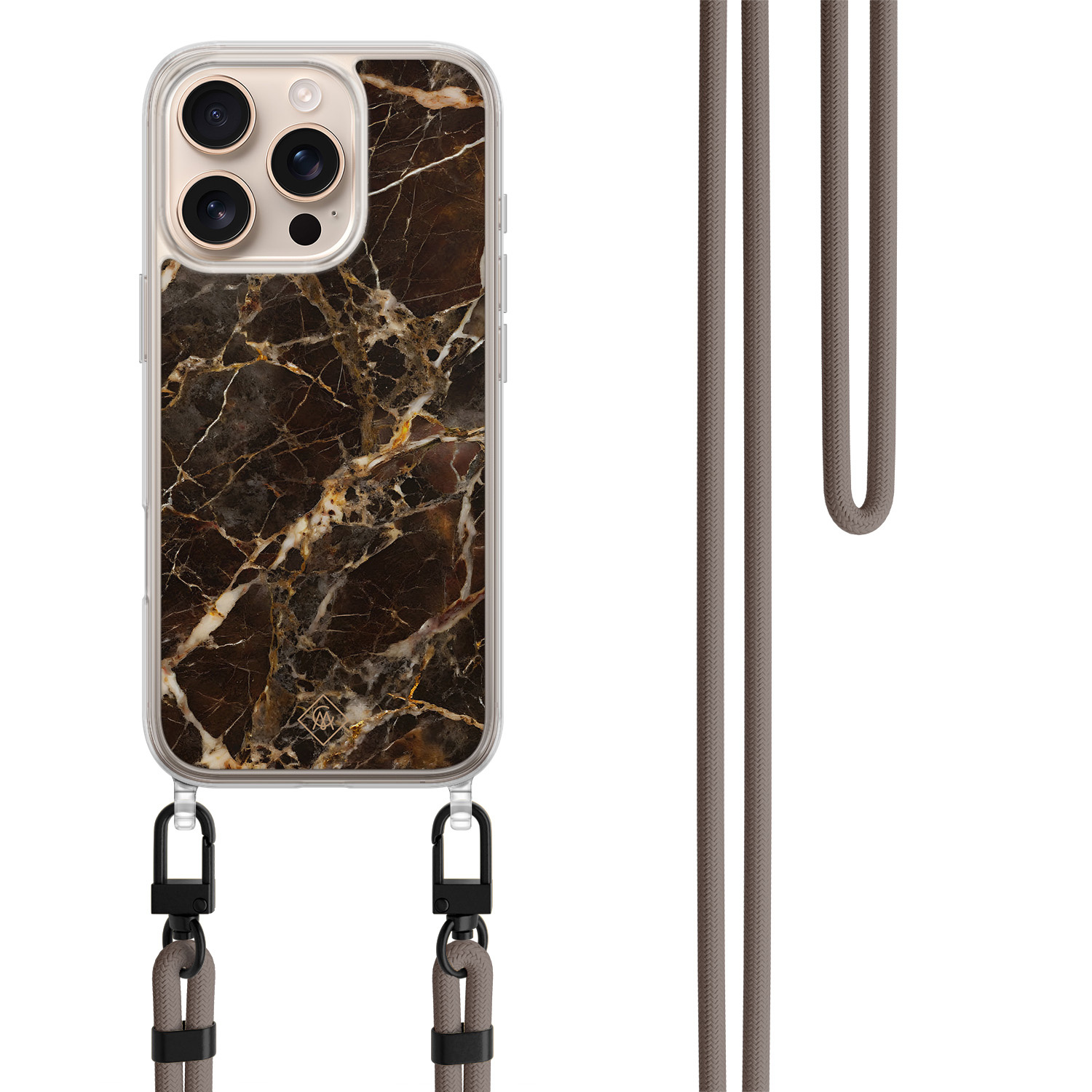 iPhone 16 Pro hoesje met bruin koord Marmer bruin