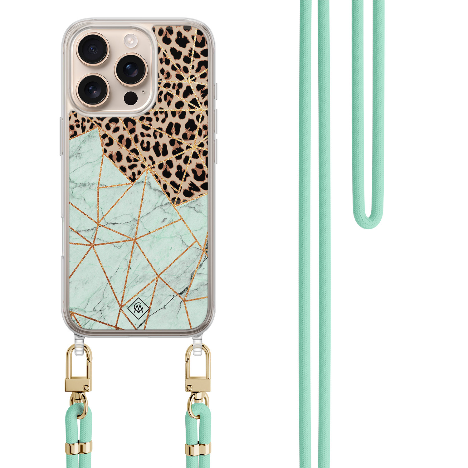 iPhone 16 Pro hoesje met mint koord - Luipaard marmer mint