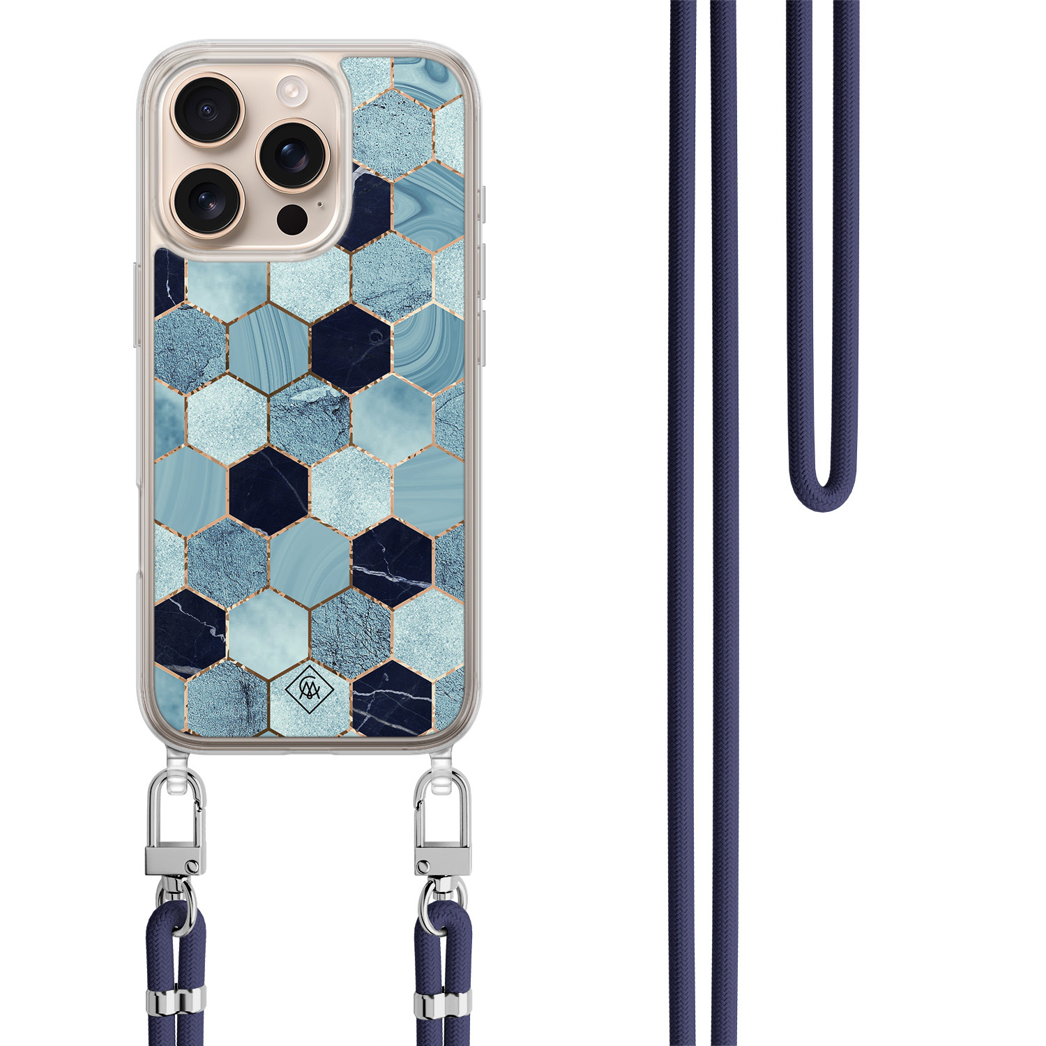 iPhone 16 Pro hoesje met donkerblauw koord Blue cubes