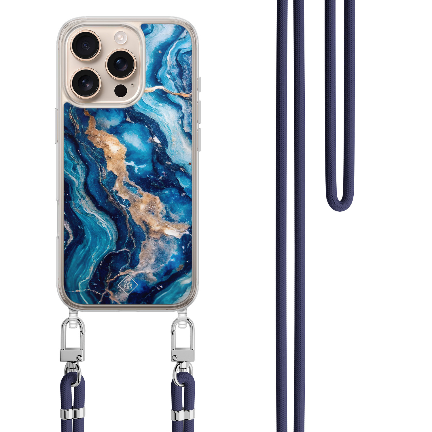 iPhone 16 Pro hoesje met donkerblauw koord - Ocean marble