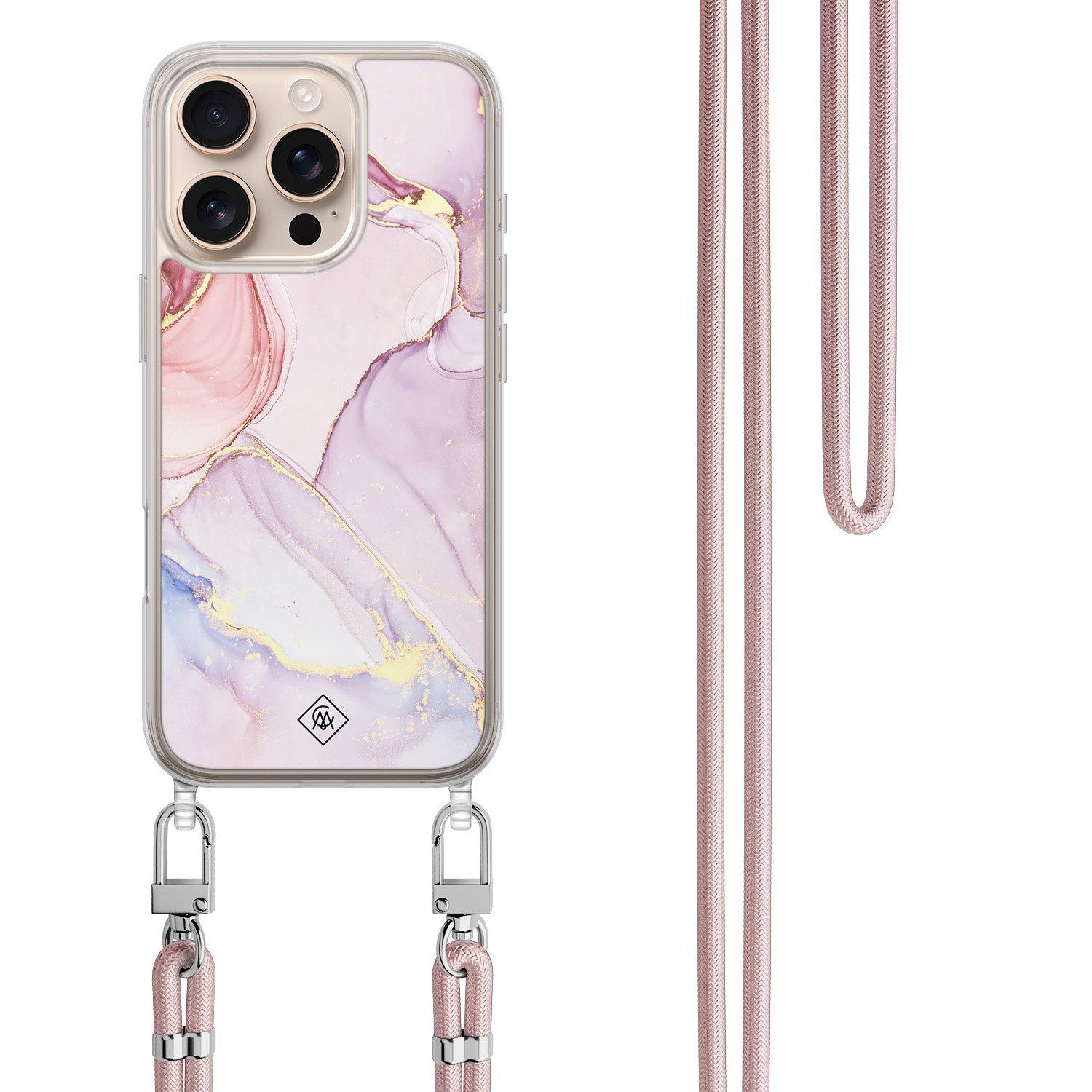 iPhone 16 Pro hoesje met rosegoud koord - Purple sky
