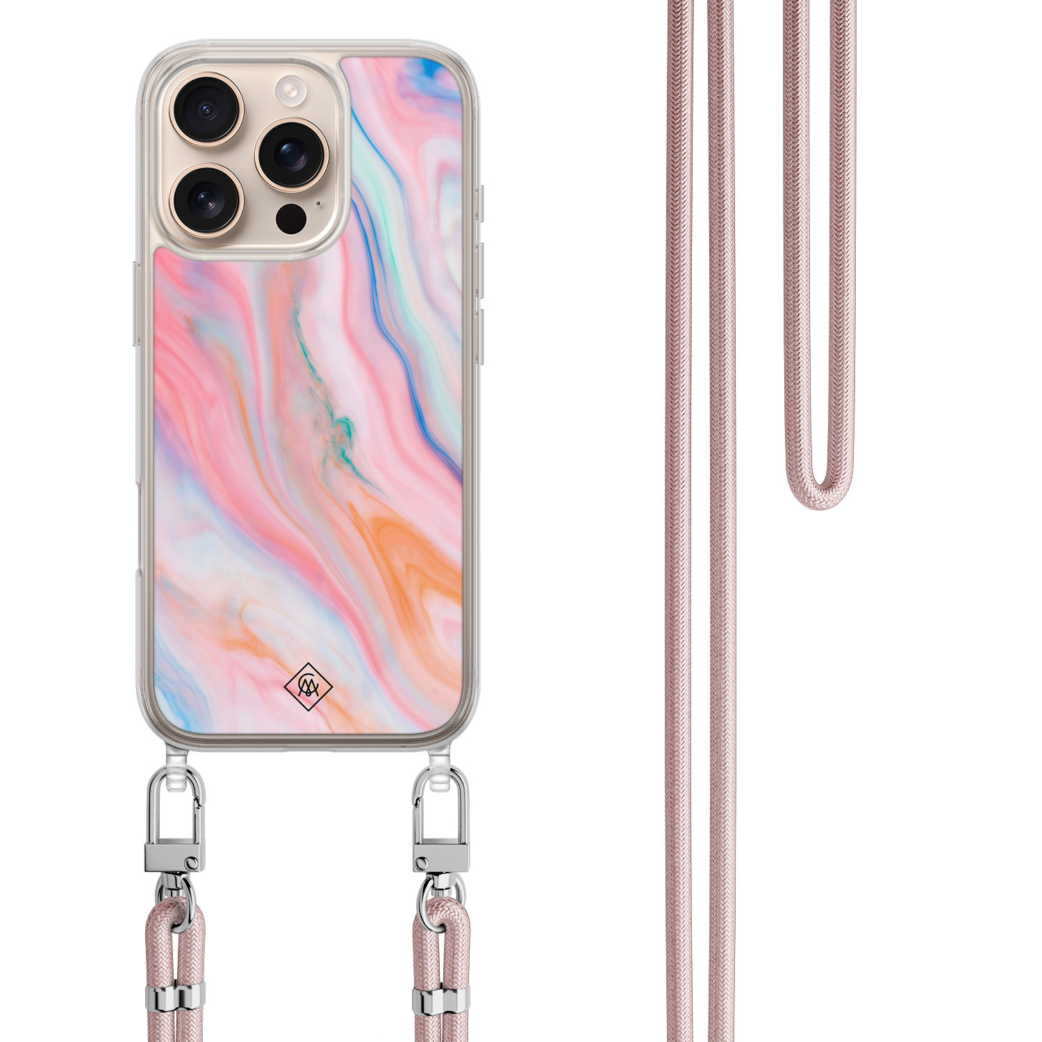 iPhone 16 Pro hoesje met rosegoud koord Pink glam