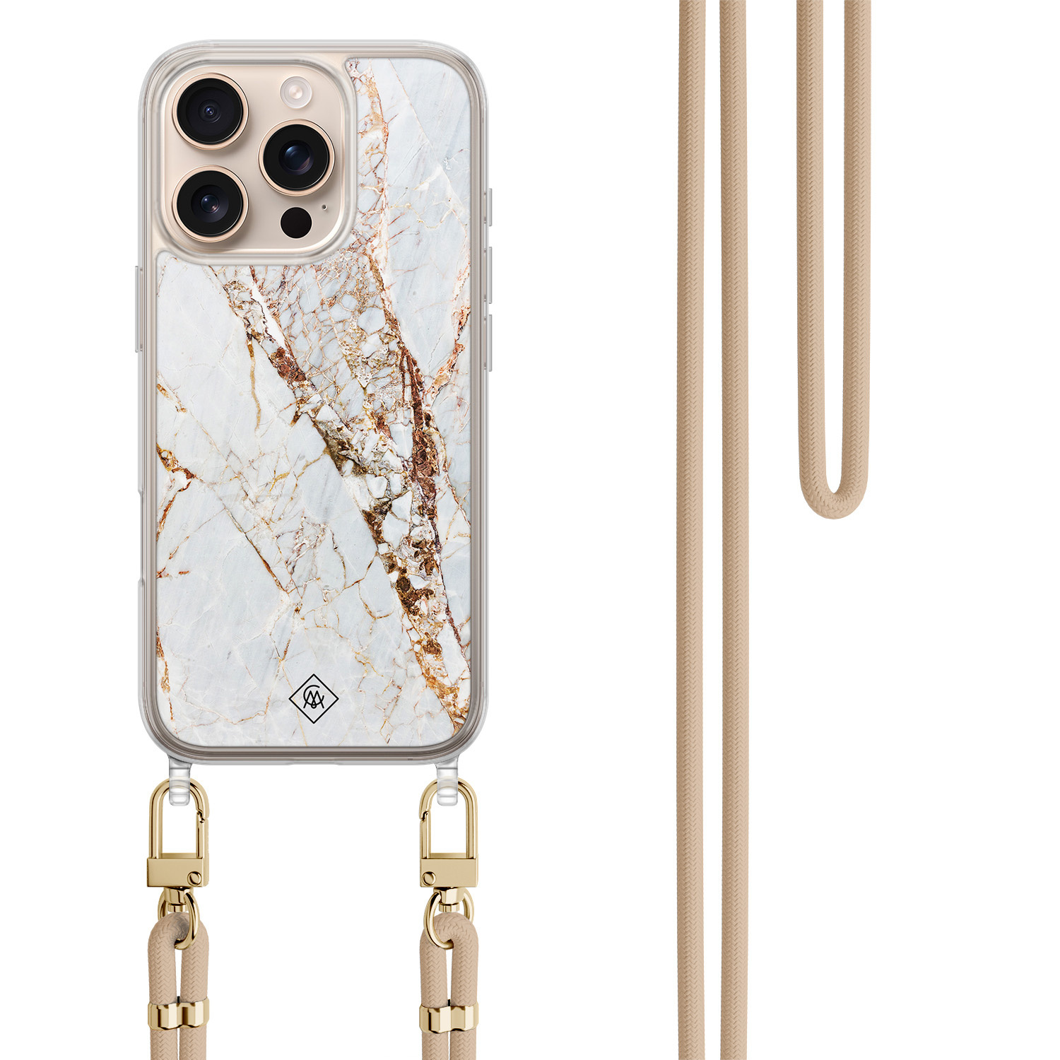 iPhone 16 Pro Max hoesje met beige koord - Marmer goud
