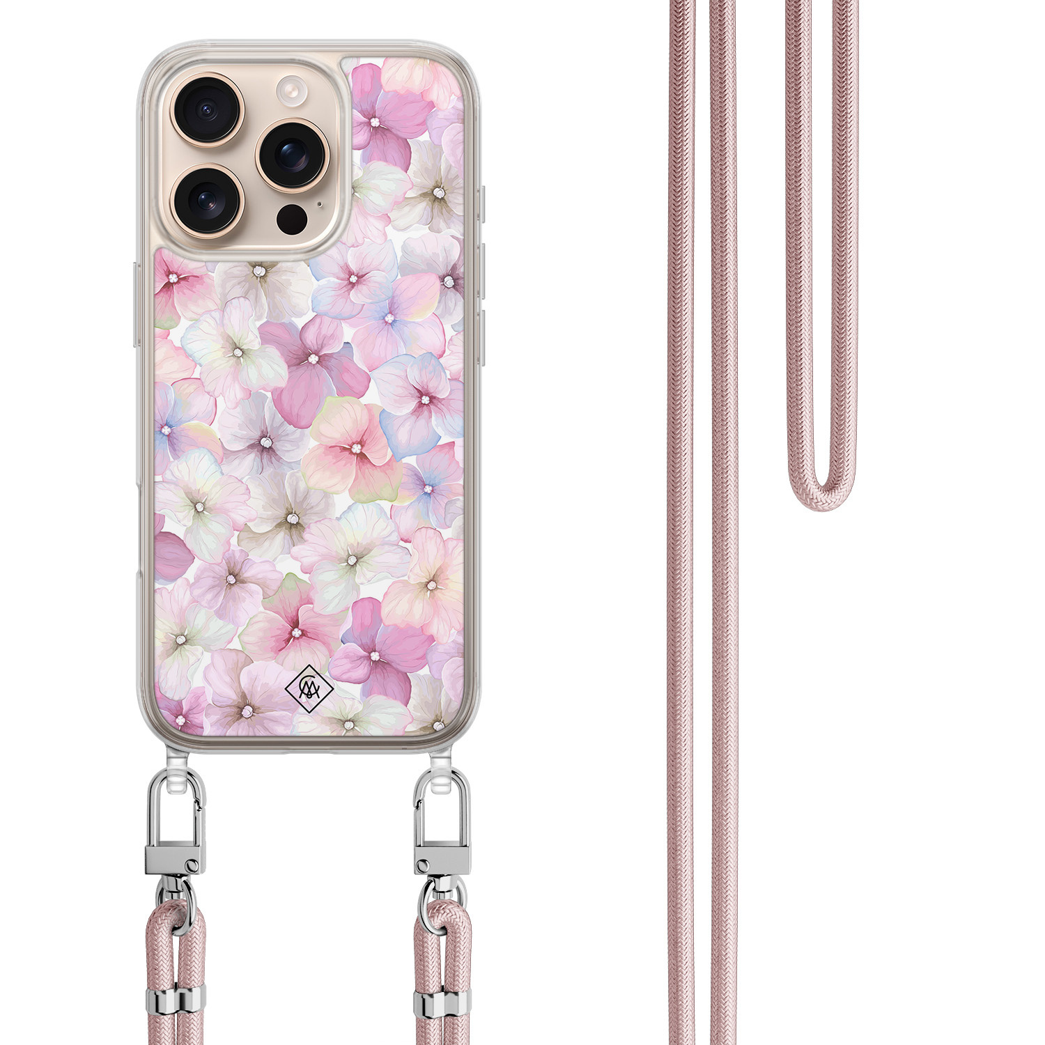 iPhone 16 Pro Max hoesje met rosegoud koord Hortensia