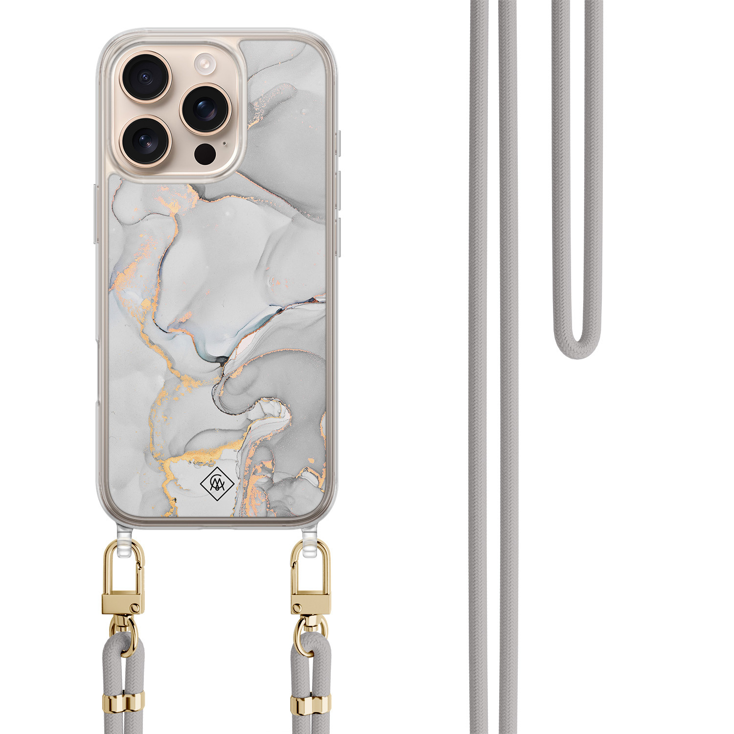 iPhone 16 Pro Max hoesje met grijs koord Marmer grijs
