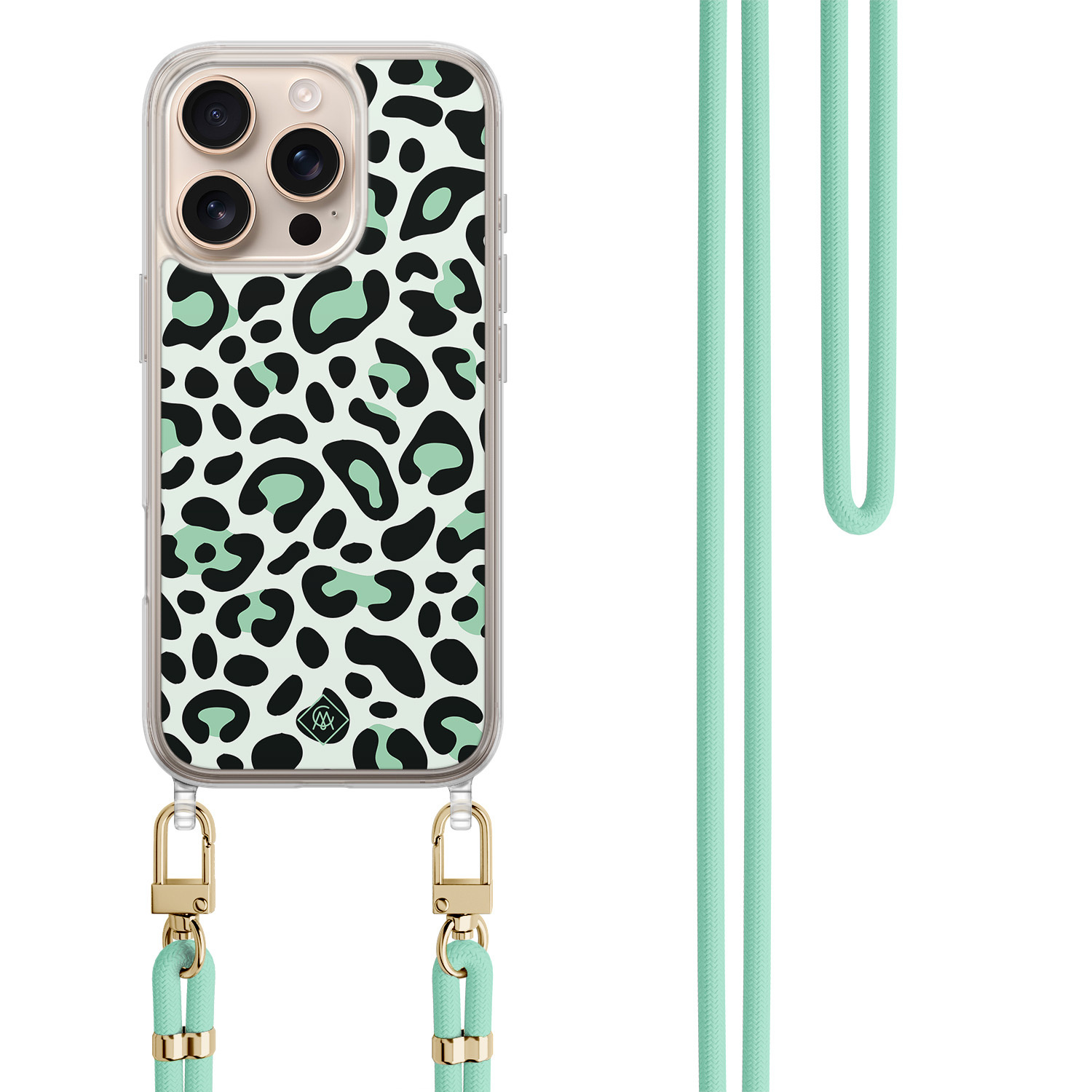 iPhone 16 Pro Max hoesje met mint koord Leopard mint