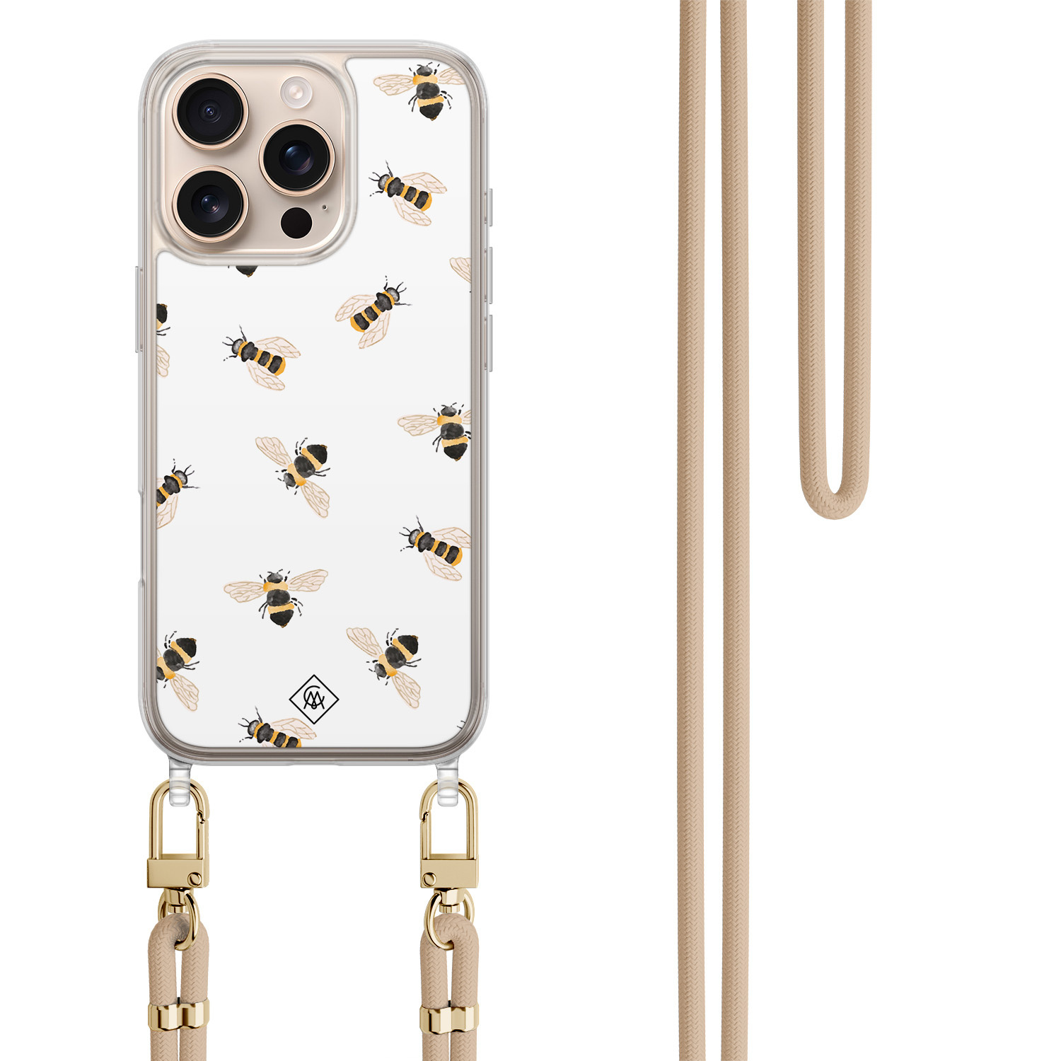 iPhone 16 Pro Max hoesje met beige koord Bee happy