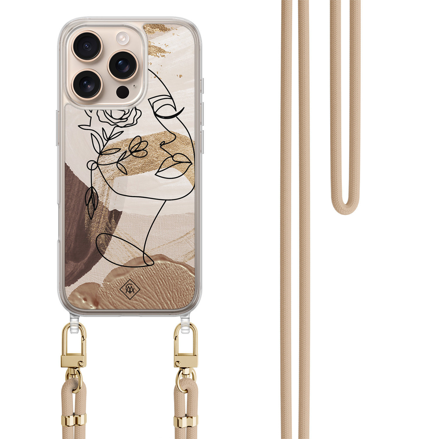 iPhone 16 Pro Max hoesje met beige koord - Abstract gezicht bruin
