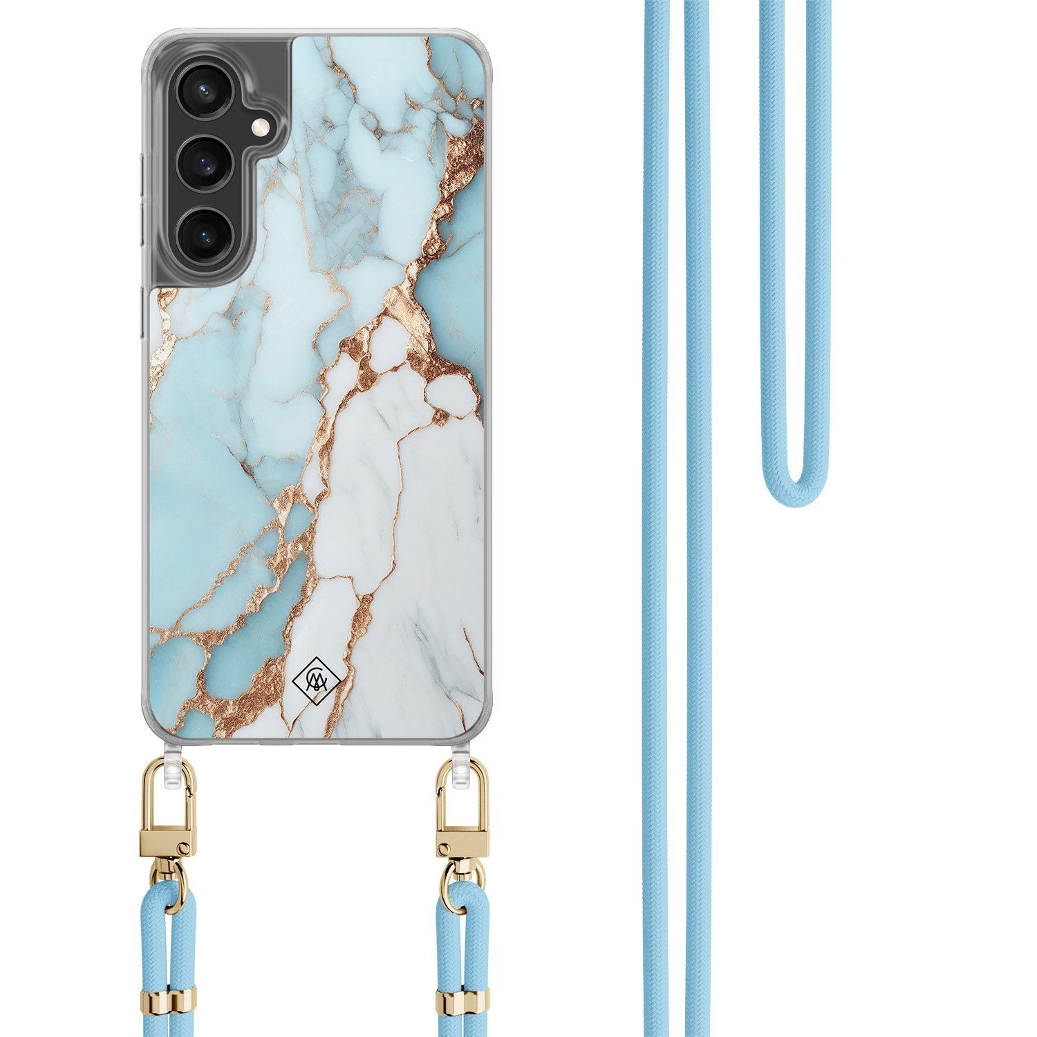 Samsung Galaxy S24 FE hoesje met blauw koord Marmer lichtblauw