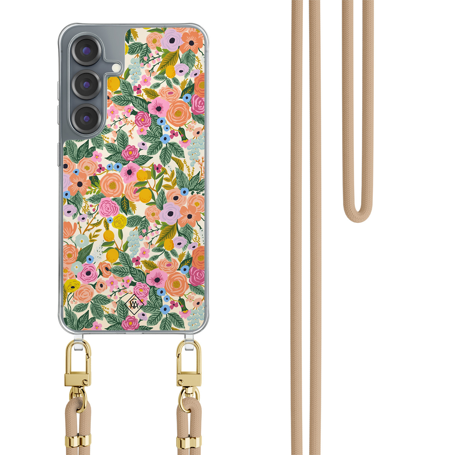 Samsung Galaxy S25 hoesje met beige koord Pink garden