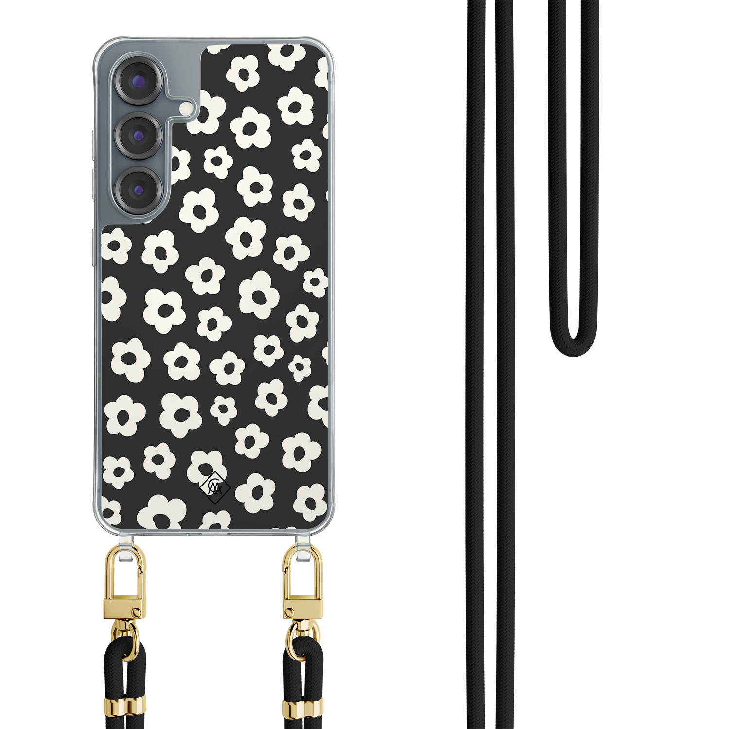 Samsung Galaxy S25 hoesje met zwart koord Retro bloempjes