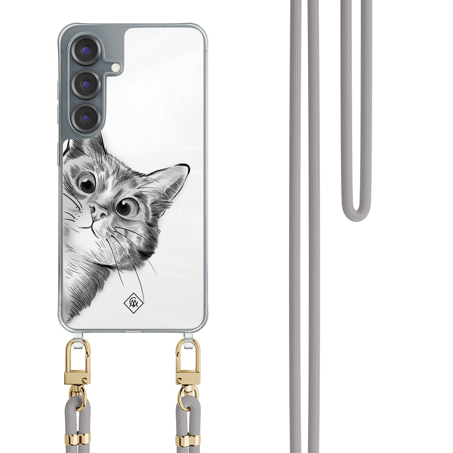 Samsung Galaxy S25 hoesje met grijs koord Peekaboo kat