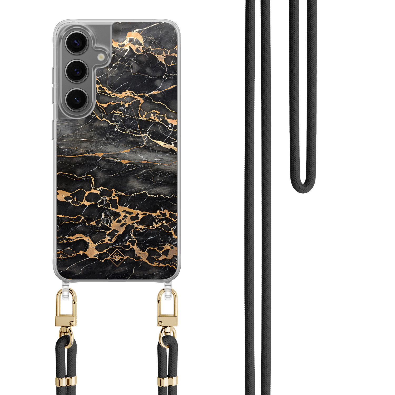Samsung Galaxy S24 Plus hoesje met zwart koord Marmer grijs brons