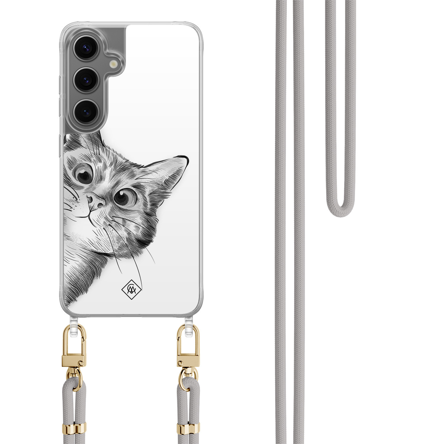 Samsung Galaxy S24 Plus hoesje met grijs koord Peekaboo kat