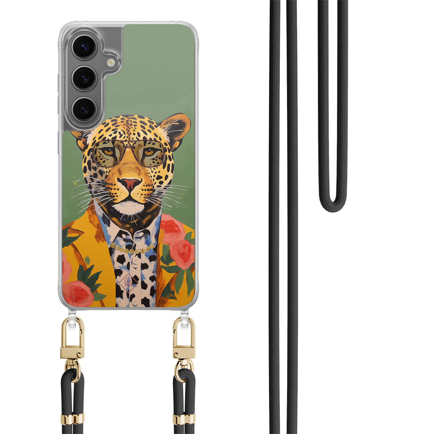 Samsung Galaxy S24 Plus hoesje met zwart koord Luipaard hipster