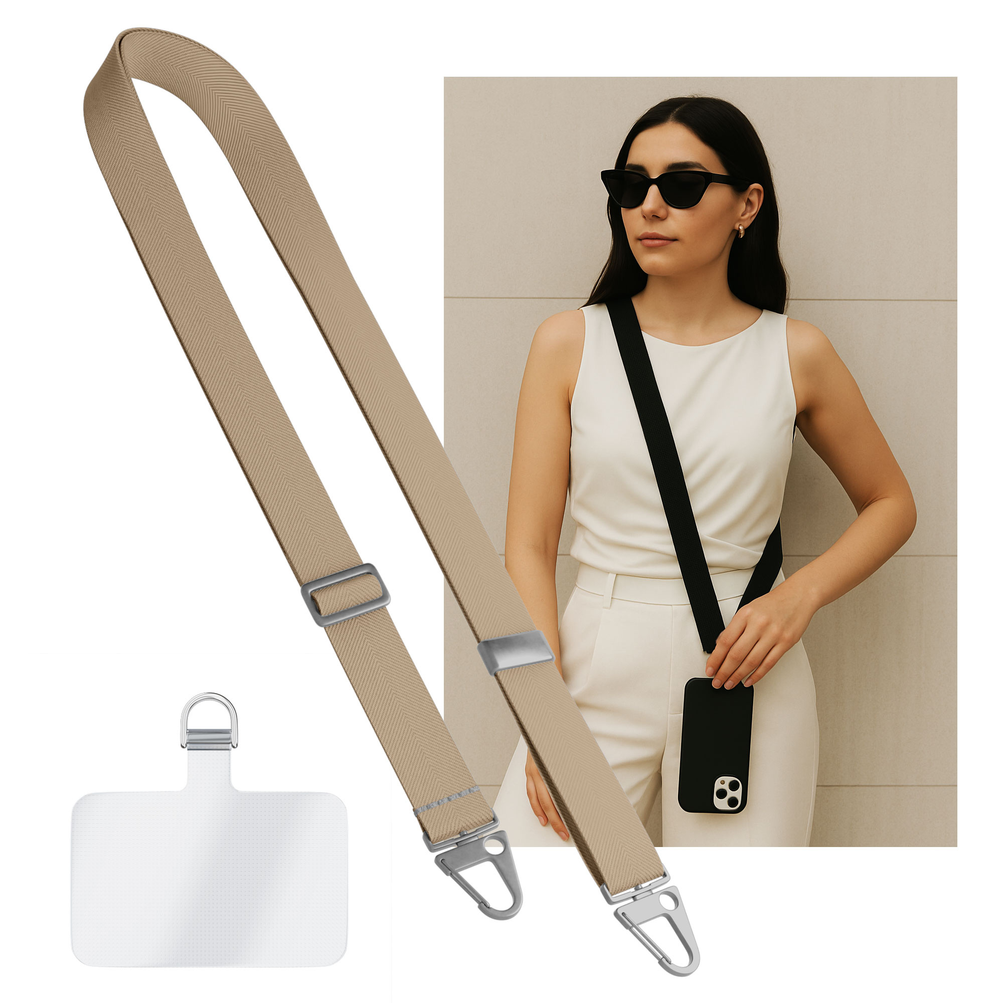 Universeel verstelbaar telefoonkoord met zilveren sluiting Beige