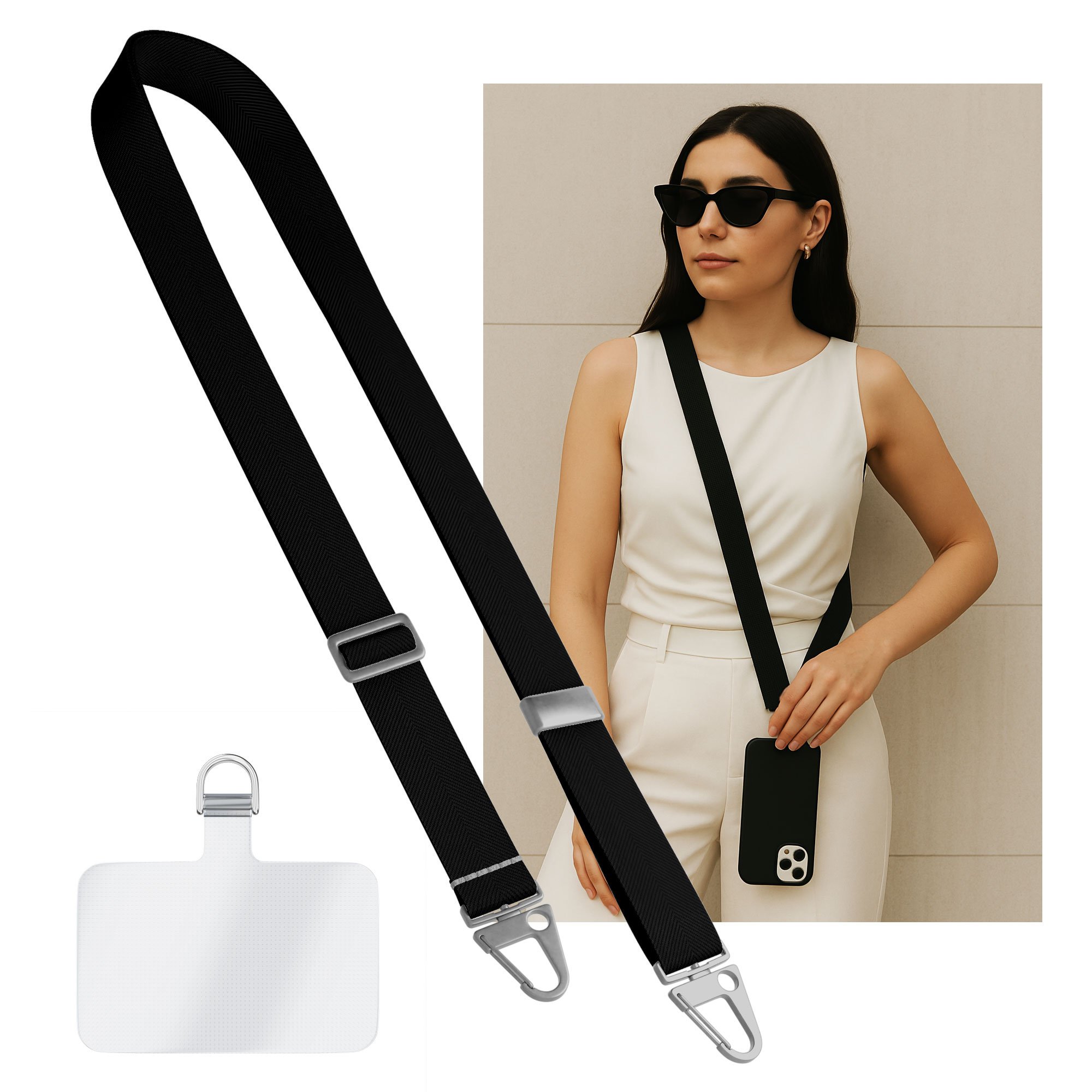 Universeel verstelbaar telefoonkoord met zilveren sluiting Zwart