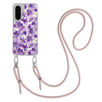 Casimoda Samsung Galaxy A56 hoesje met rosegoud koord - Floral violet