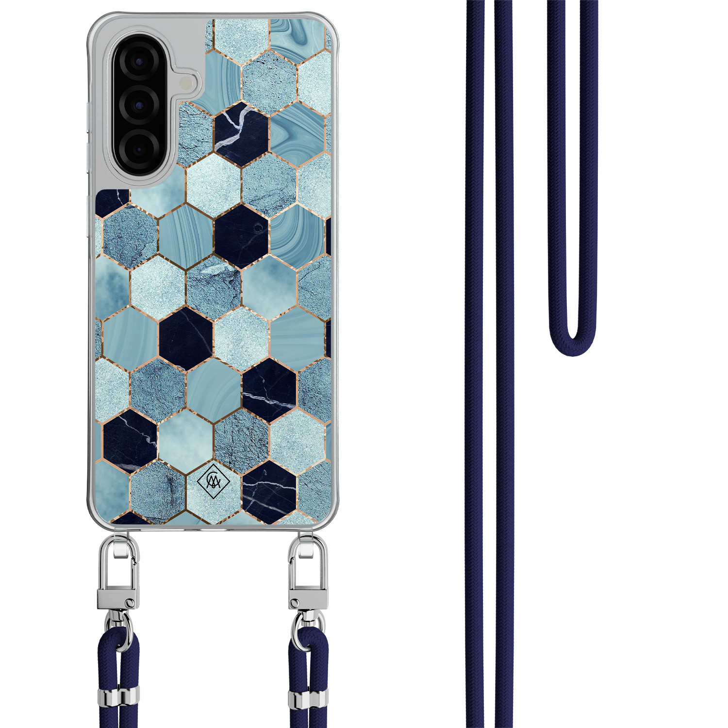 Samsung Galaxy A36 hoesje met donkerblauw koord Blue cubes