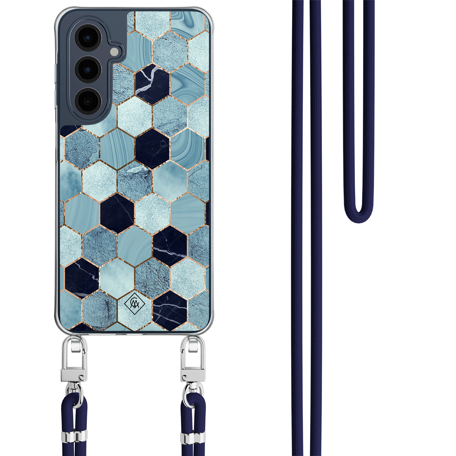 Samsung Galaxy A16 hoesje met donkerblauw koord Blue cubes