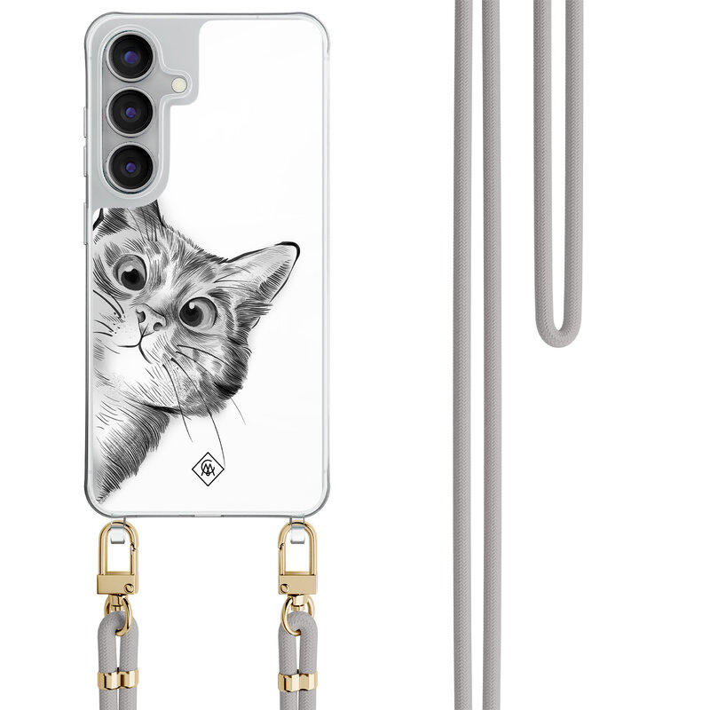 Casimoda Samsung Galaxy S25 FE hoesje met grijs koord - Peekaboo kat